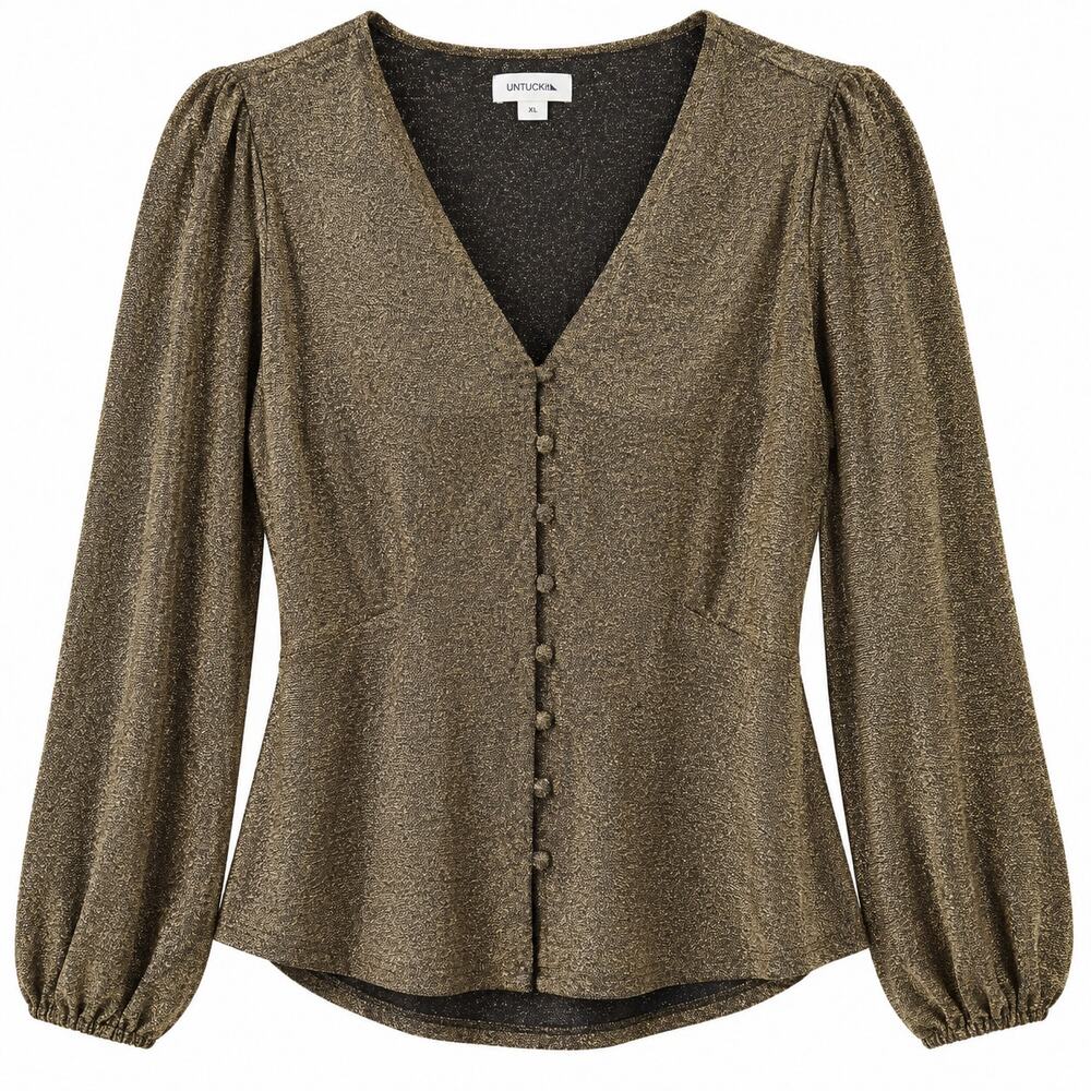 UNTUCKit Scarlett Gold Metallic Lurex V Neck Blouse Top Long Sleeve XL